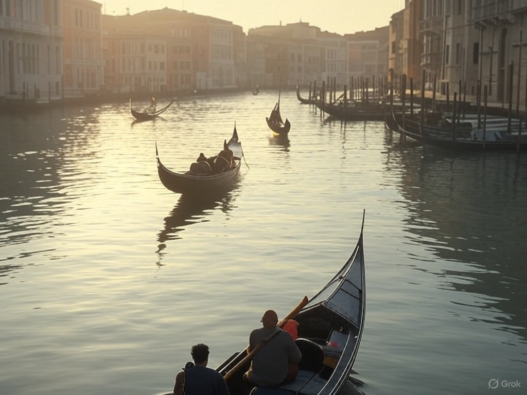 Gondolas glide through Venice canals at sunset, symbolizing AI decentralization.