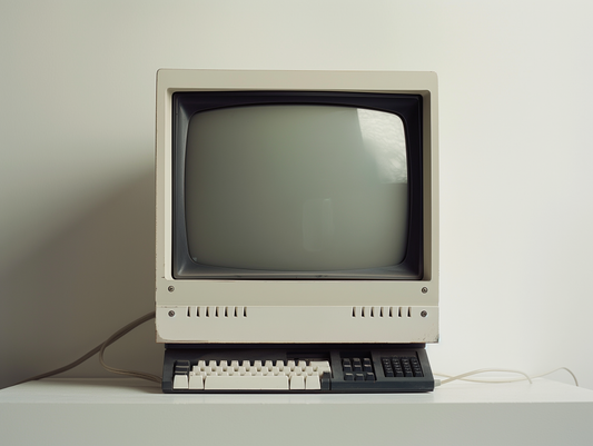 Vintage personal computer with CRT monitor and mechanical keyboard.