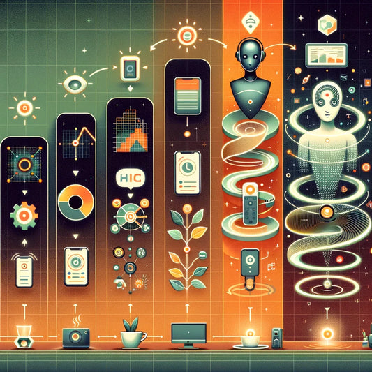 Futuristic AI assistant evolution chart with tech icons and humanoid robots.