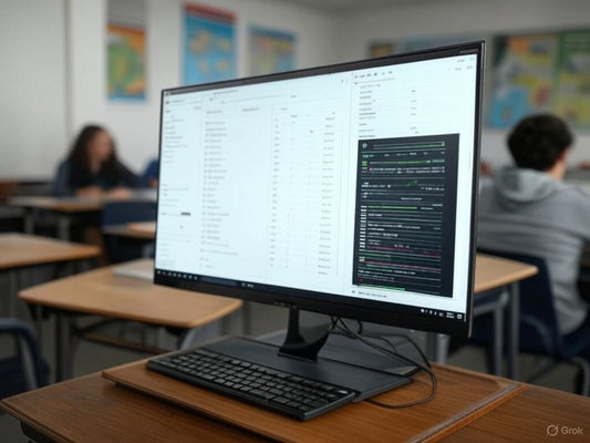 AI grading tool interface on desktop in modern classroom setting