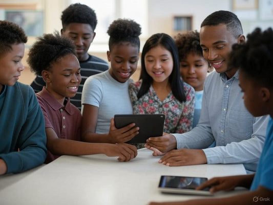 Diverse students using AI language learning app on tablet with teacher