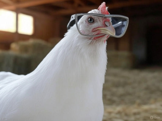 This image shows a white chicken wearing a pair of oversized, transparent glasses. The background appears to be the interior of a barn or stable, with hay bales scattered around. 