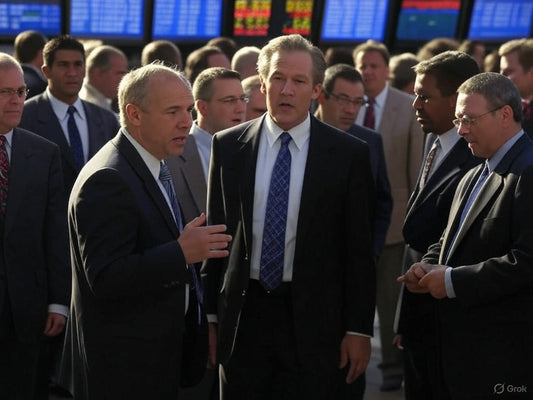 The image shows a group of businessmen in suits gathered in what appears to be a stock exchange or trading floor environment. Large electronic boards displaying stock prices and financial data are visible in the background.