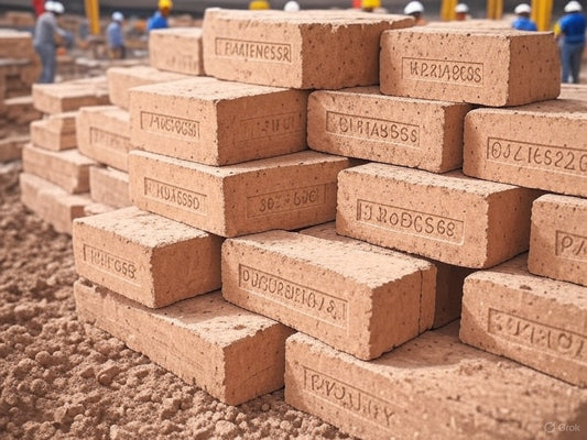 The image shows a stack of construction bricks on a building site, but instead of standard markings, each brick is engraved with what appear to be random letters or nonsensical text. 