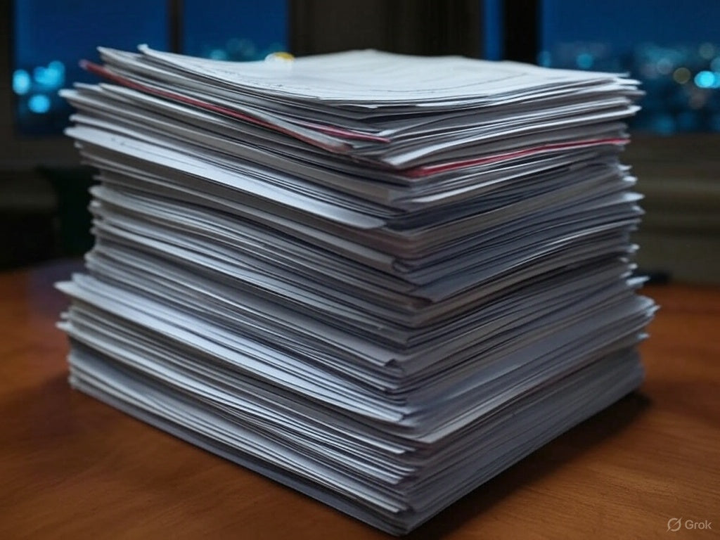 Massive stack of printed AI research papers on a desk at night.