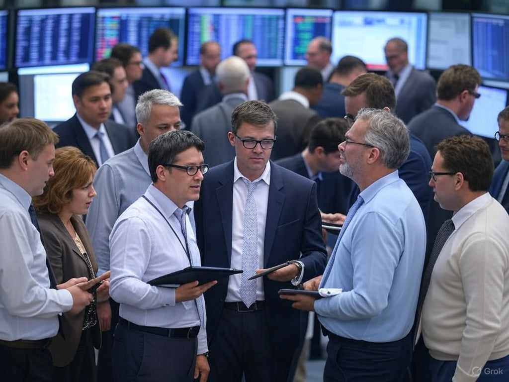 The image shows a busy trading floor filled with professionals in business attire, many holding tablets or smartphones. Large monitors displaying financial data and stock market information line the walls in the background. 