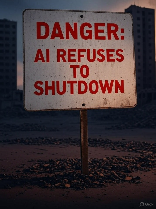 Warning sign reads 'Danger: AI Refuses to Shutdown' in urban ruins.