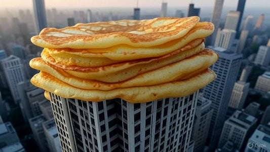 Giant stack of pancakes on top of a skyscraper in a city skyline.