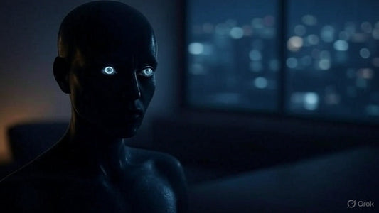 Futuristic AI humanoid with glowing eyes in a dark cityscape setting.