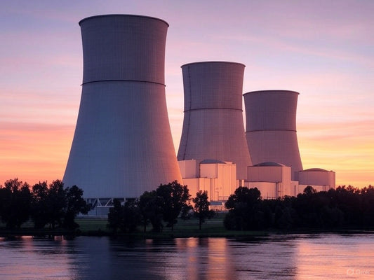 Nuclear power plant cooling towers at sunset near a calm river.