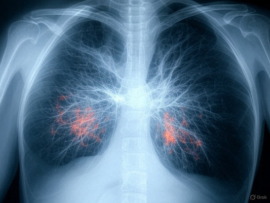 This image appears to be a chest X-ray showing both lungs, with highlighted red areas in the lower lobes of the lungs. These red areas may indicate abnormal findings such as inflammation, infection (e.g., pneumonia), or possibly tumors.
