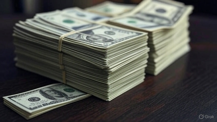 The image shows several large stacks of U.S. $100 bills neatly bundled and placed on a dark wooden surface. One loose bill lies in front of the stacks. 