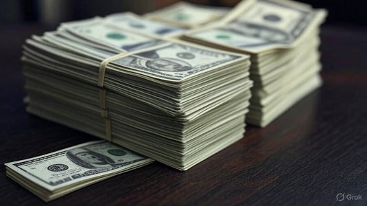 The image shows several large stacks of U.S. $100 bills neatly bundled and placed on a dark wooden surface. One loose bill lies in front of the stacks. 
