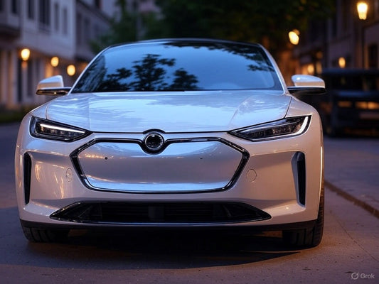 Futuristic white electric car parked on quiet city street at dusk