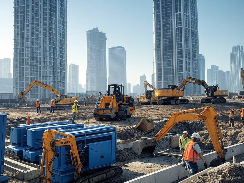 Construction workers and excavators operate on urban high-rise site