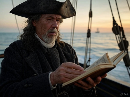 The image shows an older man dressed in historical maritime attire, including a tricorn hat and a long coat, standing on the deck of a ship at sea during sunset. He appears to be deeply focused as he reads a book.
