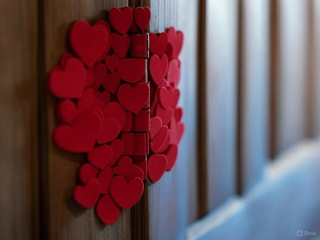 Red heart shapes forming a heart around a door hinge on wooden panels.