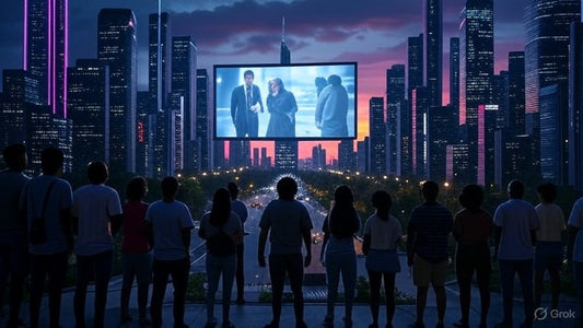 Crowd watches AI-generated movie on giant screen in futuristic cityscape.