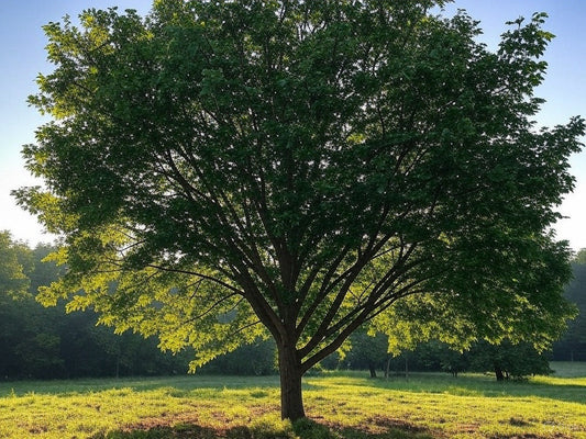 Majestic green tree in sunlight on a grassy field, early morning glow.