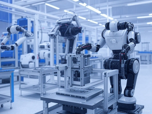 Advanced humanoid robots assembling machinery in a high-tech factory
