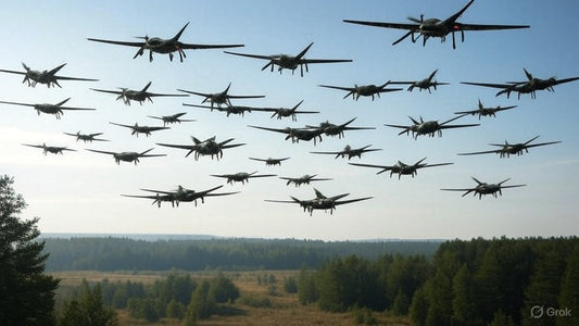 The image shows a large formation of World War II-era fighter planes flying in close formation over a forested landscape.
