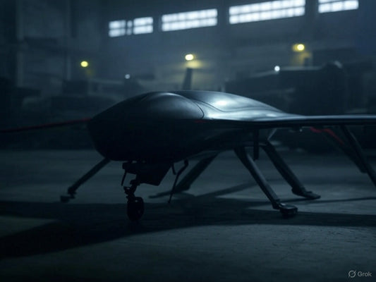 Futuristic AI-powered drone in dimly lit industrial hangar.