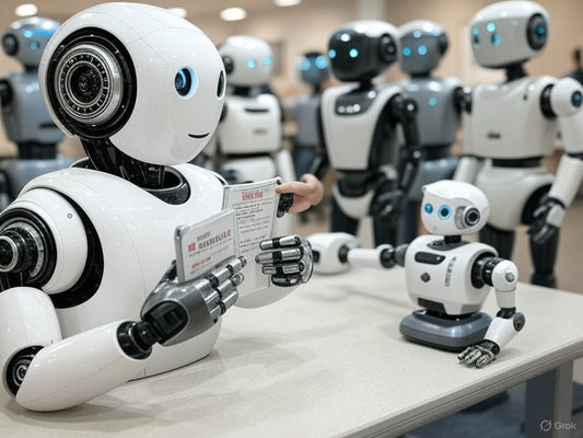 Humanoid robots reading AI news updates at a tech conference table.