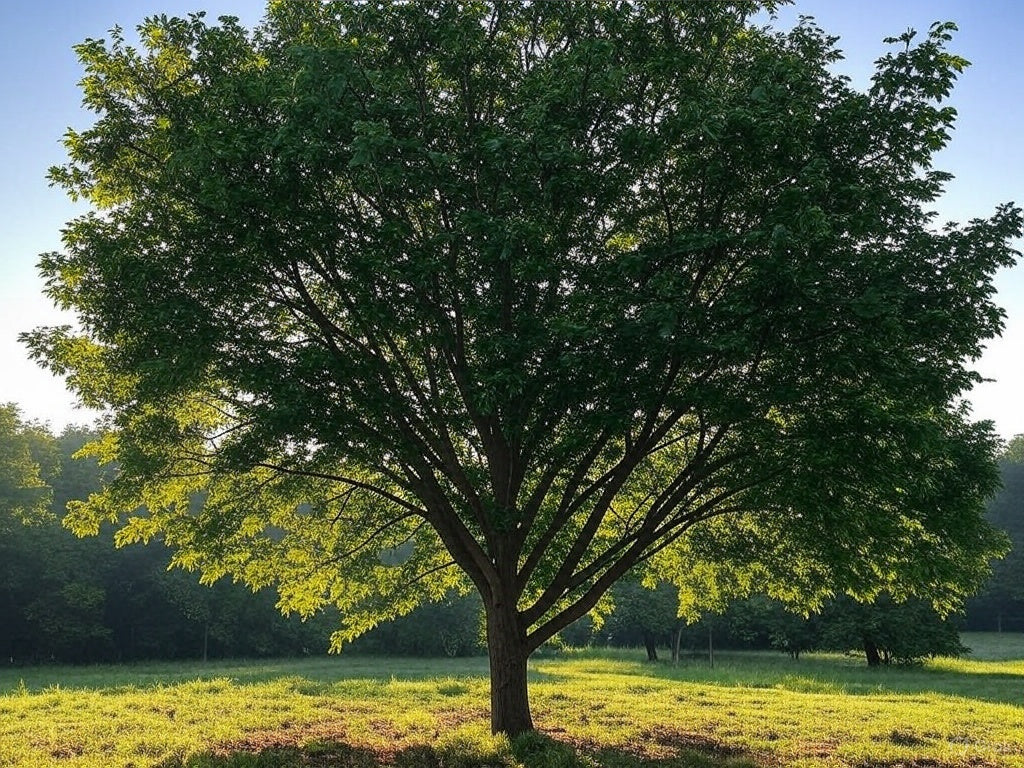 Majestic green tree in sunlight on a grassy field, early morning glow.