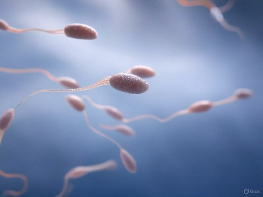 This image is a digitally rendered close-up of human sperm cells swimming, typically used in scientific or educational contexts to illustrate human reproduction or fertility. The background is a soft blue, giving a sense of motion and fluidity.