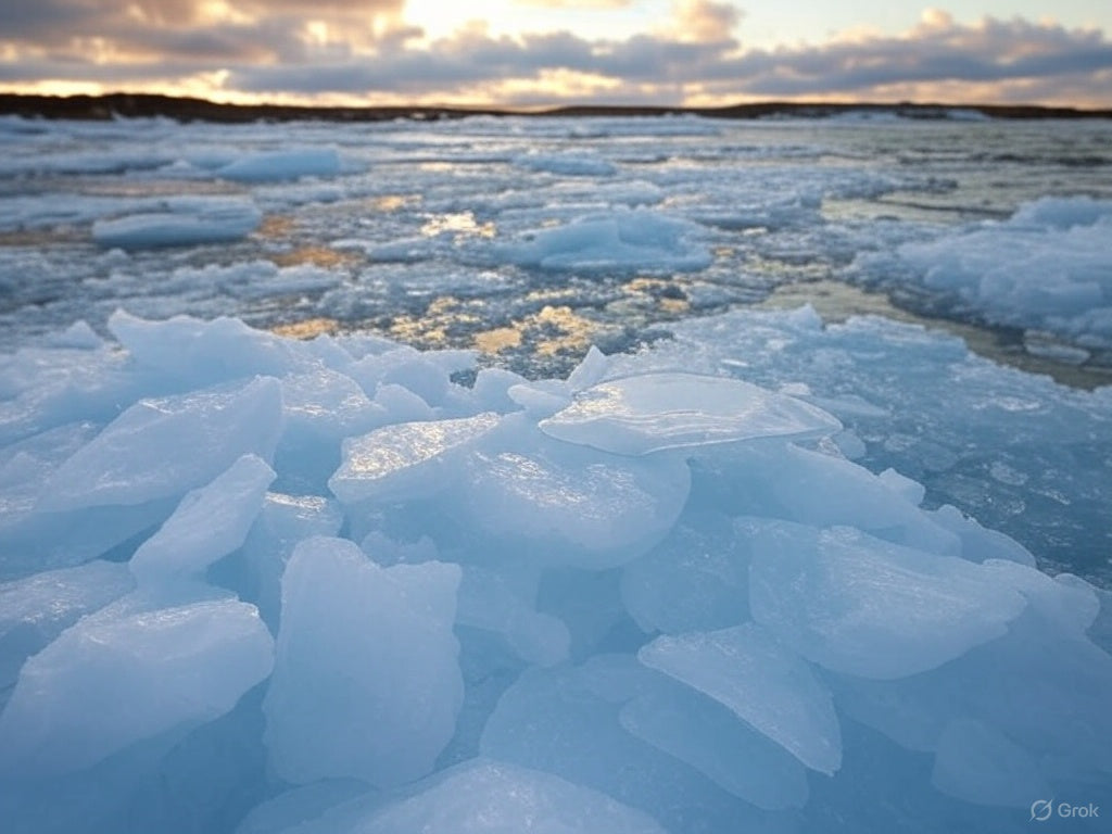 Melting Arctic sea ice under a cloudy sunset sky