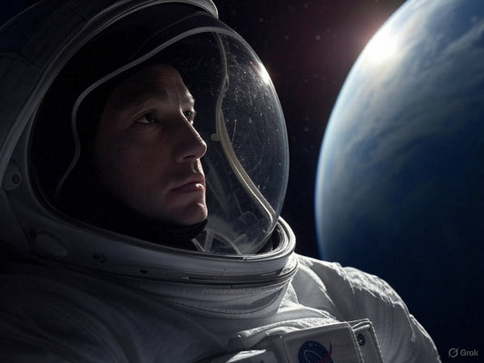 Astronaut gazes at Earth from space in dramatic lighting.