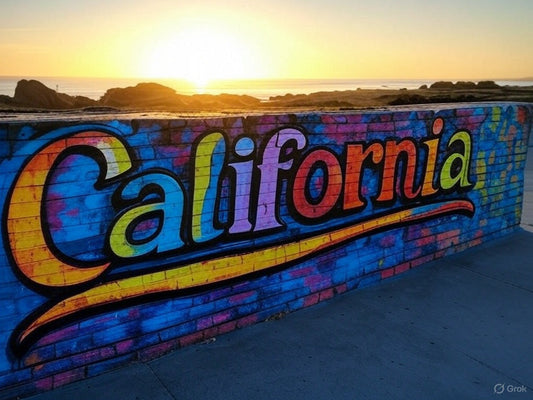 ColorfulCalifornia" mural on a brick wall at sunset by the beach.