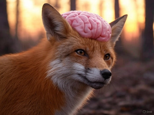 The image shows a digitally altered fox with a human-like brain placed on top of its head, blending animal and human characteristics. The background features a forest at sunset, casting a warm glow over the scene.