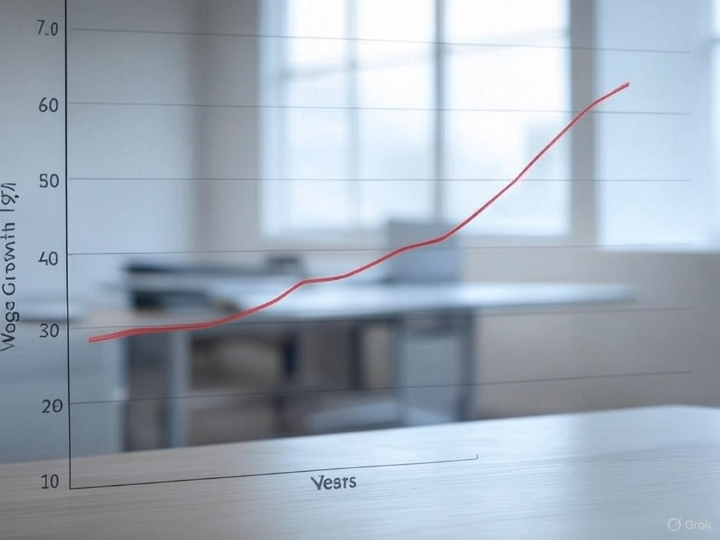 The image shows a line graph with a red trend line indicating wage growth (%) over a period of years.