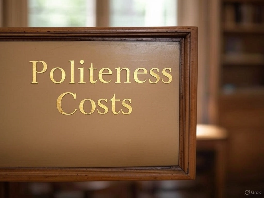The image shows a wooden-framed sign with the wordsPoliteness Costs" written in gold lettering. The background appears to be a softly lit room, possibly a library or study, with blurred bookshelves and furniture.