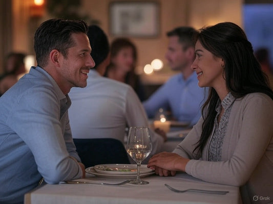 The image shows a man and a woman sitting across from each other at a candlelit restaurant table, smiling and engaged in conversation. The setting is warm and intimate, with soft lighting and other couples dining in the background.