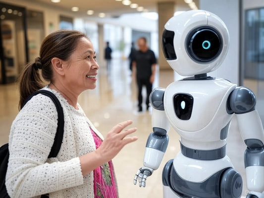 Woman interacting with humanoid AI robot in modern tech center.