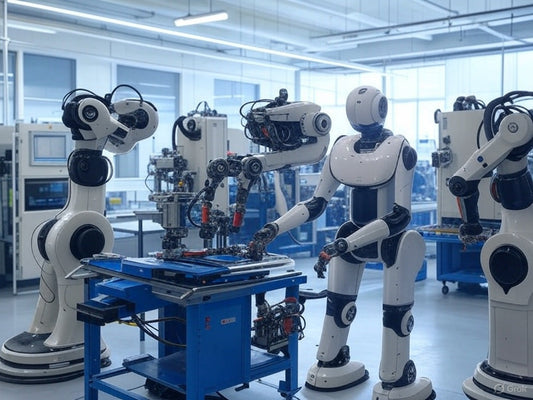 Humanoid robots assembling machinery in a high-tech AI factory