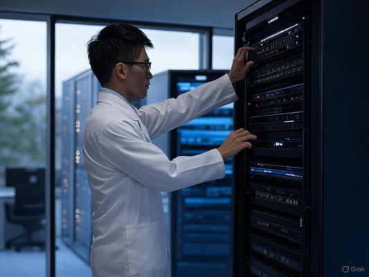 AI researcher managing data servers in high-tech lab