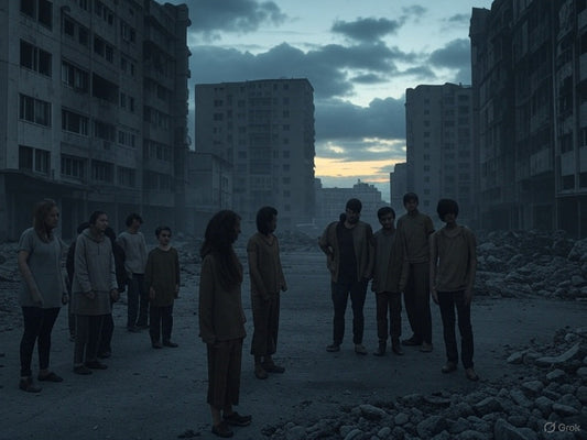 The image shows a group of people standing in the middle of a desolate, rubble-strewn street surrounded by tall, damaged buildings. The sky is overcast with a hint of light on the horizon, suggesting dawn or dusk. 