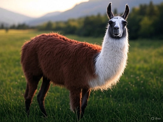 Llama standing in a grassy field at sunset with mountains in background.