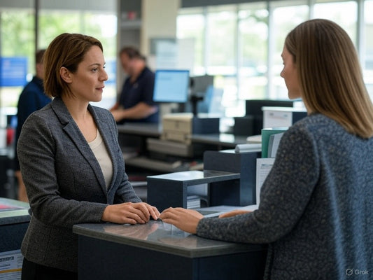 The image shows two women engaged in a conversation at a service counter in what appears to be a professional or government office setting. 