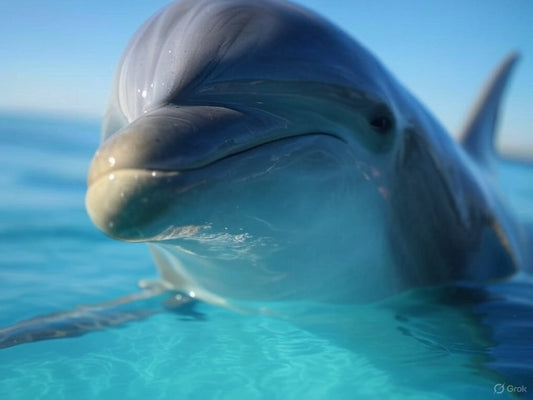 This image shows a close-up of a dolphin swimming in clear blue water under a bright sky. The dolphin appears to be surfacing, with its head and upper body visible above the water. 
