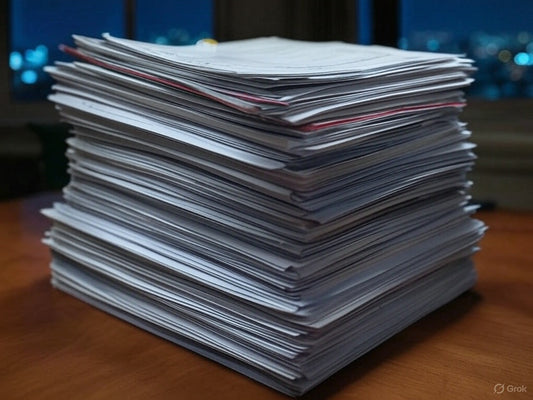 Massive stack of printed AI research papers on a desk at night.
