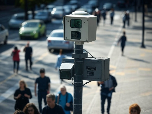 Surveillance camera monitoring busy urban street with pedestrians and traffic.