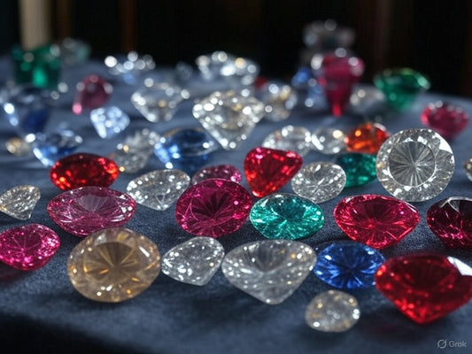 Colorful assortment of sparkling gemstones on dark velvet background.