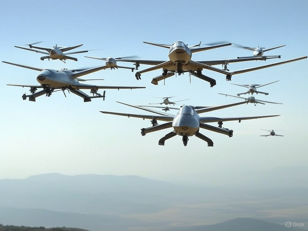 Swarm of advanced AI-powered military drones flying in formation.