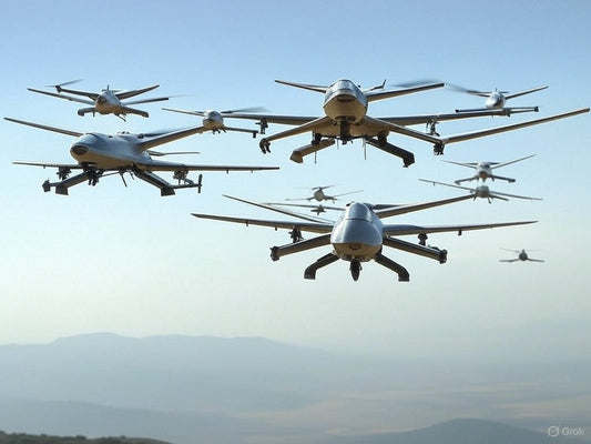 Swarm of advanced AI-powered military drones flying in formation.
