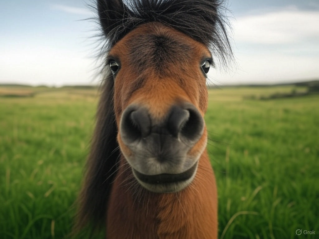 This is a close-up photo of a brown pony standing in a lush green field. The pony's face is centered in the frame, with its large nostrils and curious eyes giving it a playful and friendly expression. 