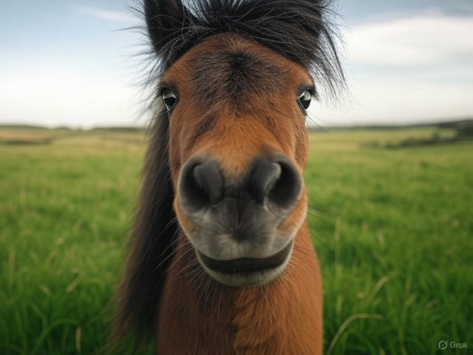 This is a close-up photo of a brown pony standing in a lush green field. The pony's face is centered in the frame, with its large nostrils and curious eyes giving it a playful and friendly expression. 